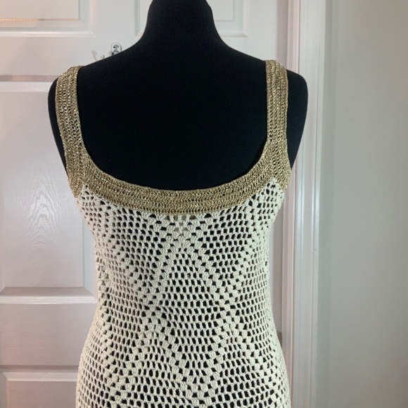 Boston Proper Gold Metallic Crochet Fishnet Ivory Boho Tank Mini Dress Size 2 - Picture 6 of 9